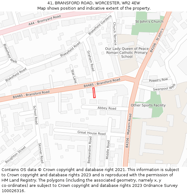 41, BRANSFORD ROAD, WORCESTER, WR2 4EW: Location map and indicative extent of plot