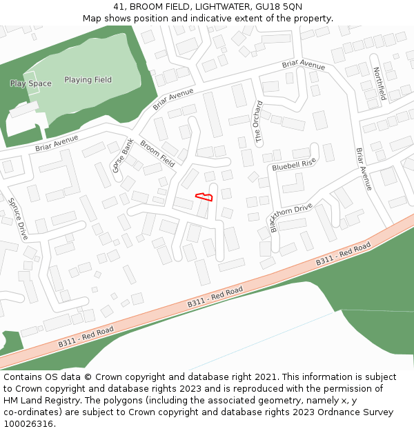 41, BROOM FIELD, LIGHTWATER, GU18 5QN: Location map and indicative extent of plot