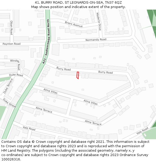 41, BURRY ROAD, ST LEONARDS-ON-SEA, TN37 6QZ: Location map and indicative extent of plot