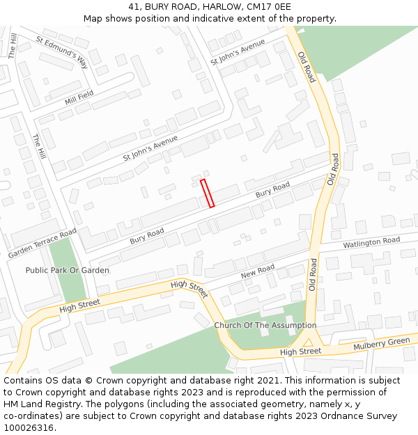 41, BURY ROAD, HARLOW, CM17 0EE: Location map and indicative extent of plot