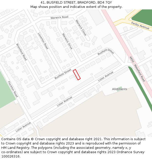 41, BUSFIELD STREET, BRADFORD, BD4 7QY: Location map and indicative extent of plot