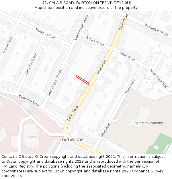 41, CALAIS ROAD, BURTON-ON-TRENT, DE13 0UJ: Location map and indicative extent of plot