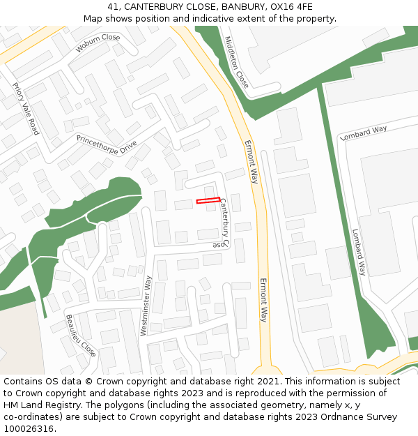 41, CANTERBURY CLOSE, BANBURY, OX16 4FE: Location map and indicative extent of plot
