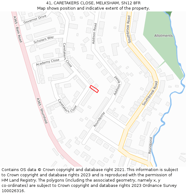 41, CARETAKERS CLOSE, MELKSHAM, SN12 8FR: Location map and indicative extent of plot