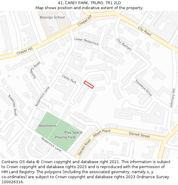 41, CAREY PARK, TRURO, TR1 2LD: Location map and indicative extent of plot