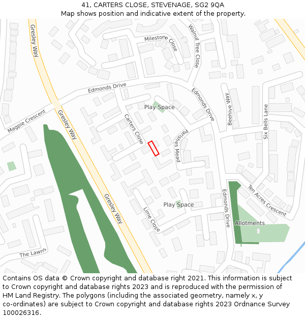 41, CARTERS CLOSE, STEVENAGE, SG2 9QA: Location map and indicative extent of plot