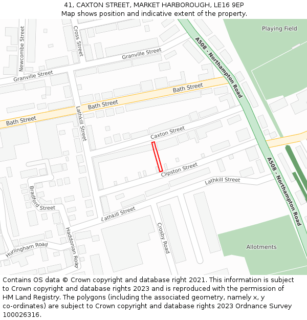 41, CAXTON STREET, MARKET HARBOROUGH, LE16 9EP: Location map and indicative extent of plot