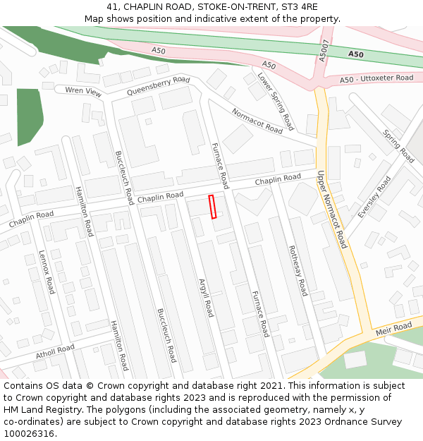 41, CHAPLIN ROAD, STOKE-ON-TRENT, ST3 4RE: Location map and indicative extent of plot