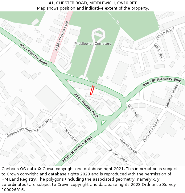 41, CHESTER ROAD, MIDDLEWICH, CW10 9ET: Location map and indicative extent of plot