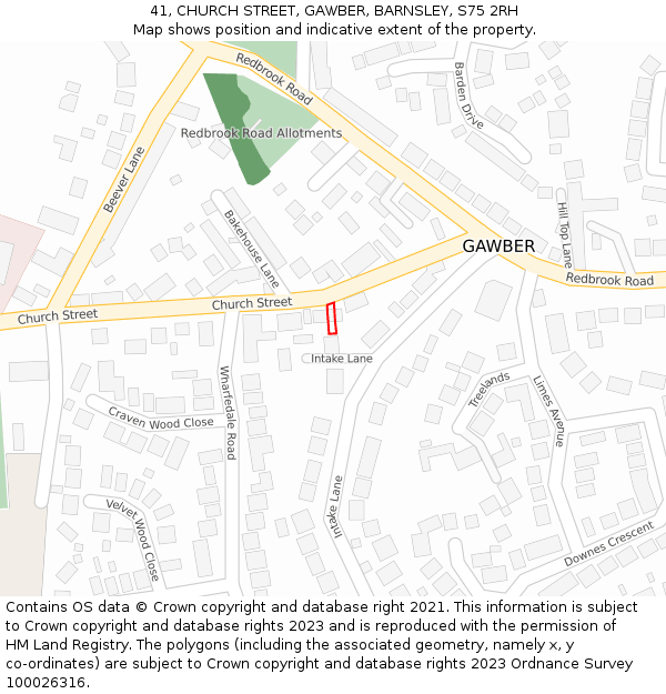 41, CHURCH STREET, GAWBER, BARNSLEY, S75 2RH: Location map and indicative extent of plot