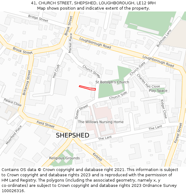 41, CHURCH STREET, SHEPSHED, LOUGHBOROUGH, LE12 9RH: Location map and indicative extent of plot