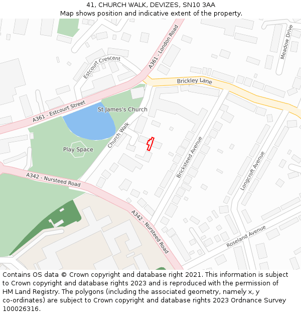 41, CHURCH WALK, DEVIZES, SN10 3AA: Location map and indicative extent of plot