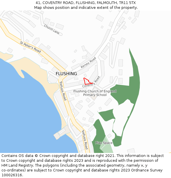 41, COVENTRY ROAD, FLUSHING, FALMOUTH, TR11 5TX: Location map and indicative extent of plot