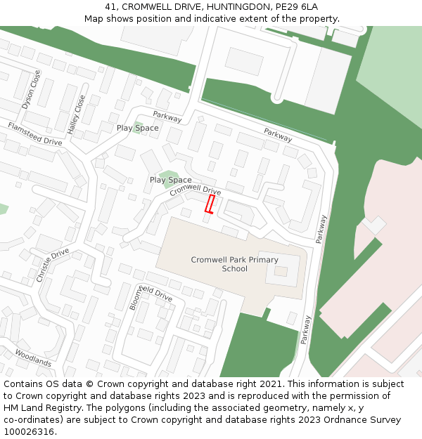 41, CROMWELL DRIVE, HUNTINGDON, PE29 6LA: Location map and indicative extent of plot