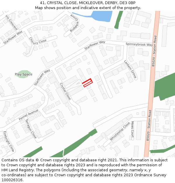 41, CRYSTAL CLOSE, MICKLEOVER, DERBY, DE3 0BP: Location map and indicative extent of plot