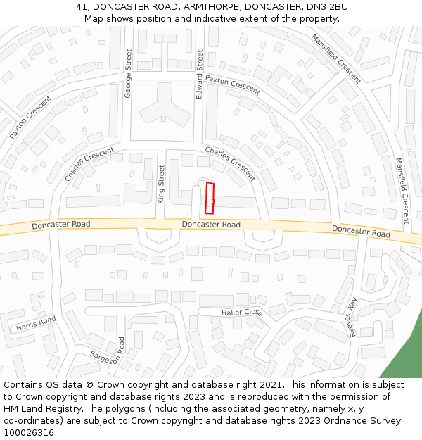 41, DONCASTER ROAD, ARMTHORPE, DONCASTER, DN3 2BU: Location map and indicative extent of plot