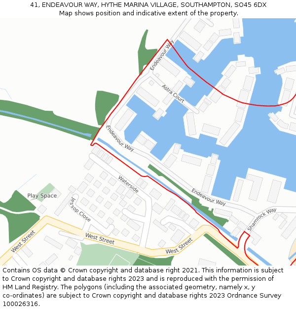 41, ENDEAVOUR WAY, HYTHE MARINA VILLAGE, SOUTHAMPTON, SO45 6DX: Location map and indicative extent of plot