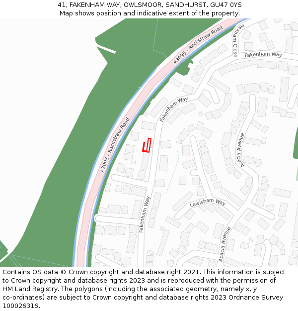 41, FAKENHAM WAY, OWLSMOOR, SANDHURST, GU47 0YS: Location map and indicative extent of plot