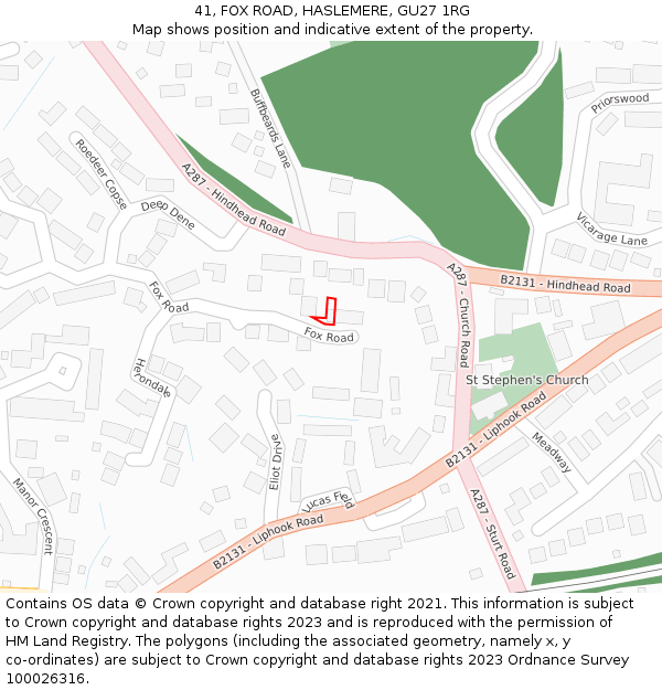 41, FOX ROAD, HASLEMERE, GU27 1RG: Location map and indicative extent of plot