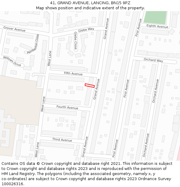 41, GRAND AVENUE, LANCING, BN15 9PZ: Location map and indicative extent of plot