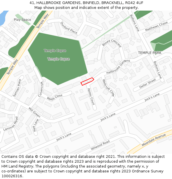 41, HALLBROOKE GARDENS, BINFIELD, BRACKNELL, RG42 4UF: Location map and indicative extent of plot