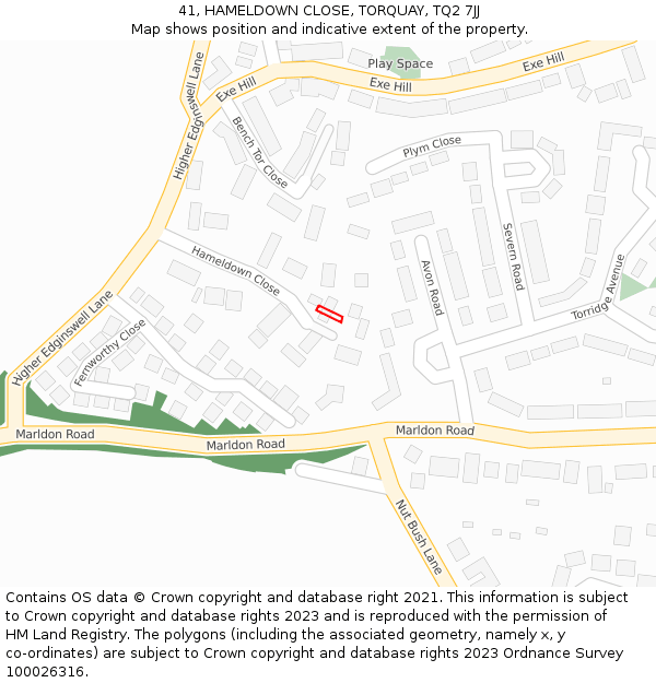 41, HAMELDOWN CLOSE, TORQUAY, TQ2 7JJ: Location map and indicative extent of plot