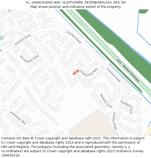 41, HAWKSHEAD WAY, GUNTHORPE, PETERBOROUGH, PE4 7JN: Location map and indicative extent of plot