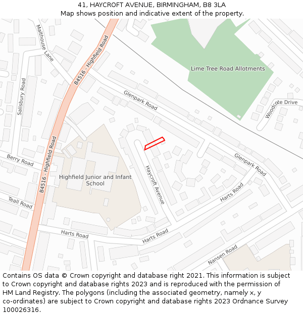 41, HAYCROFT AVENUE, BIRMINGHAM, B8 3LA: Location map and indicative extent of plot
