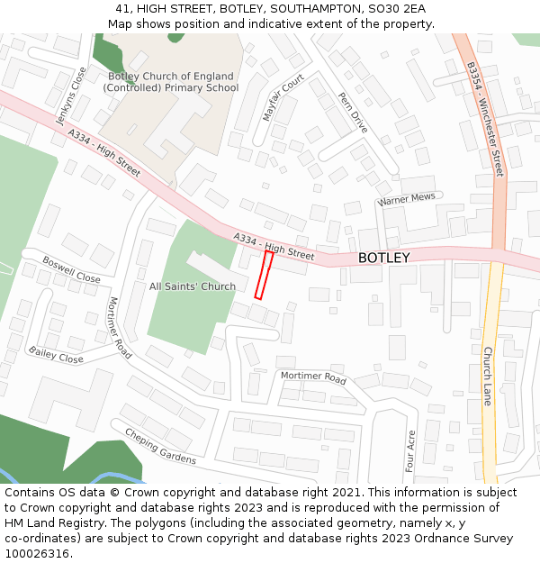 41, HIGH STREET, BOTLEY, SOUTHAMPTON, SO30 2EA: Location map and indicative extent of plot