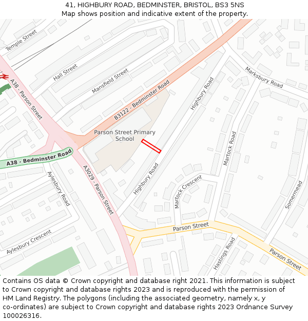 41, HIGHBURY ROAD, BEDMINSTER, BRISTOL, BS3 5NS: Location map and indicative extent of plot