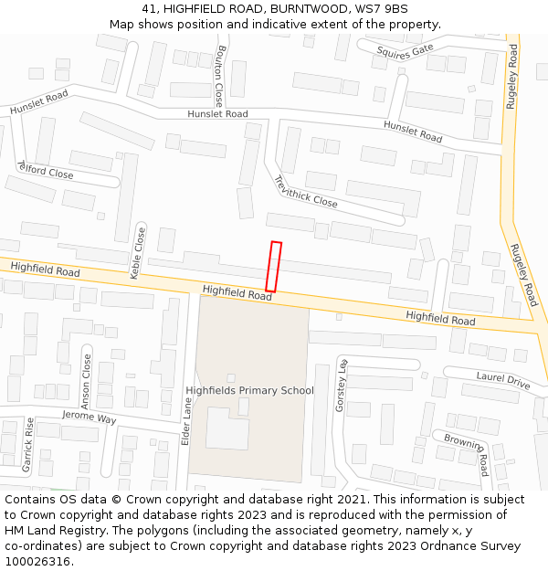 41, HIGHFIELD ROAD, BURNTWOOD, WS7 9BS: Location map and indicative extent of plot
