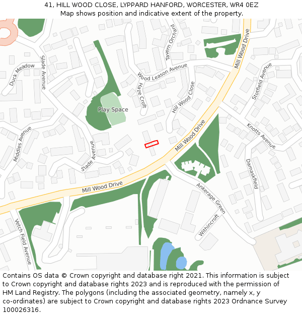 41, HILL WOOD CLOSE, LYPPARD HANFORD, WORCESTER, WR4 0EZ: Location map and indicative extent of plot