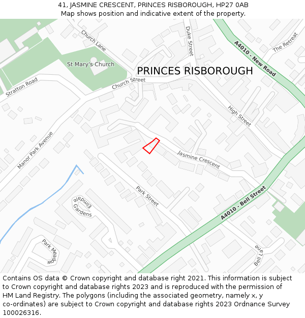 41, JASMINE CRESCENT, PRINCES RISBOROUGH, HP27 0AB: Location map and indicative extent of plot