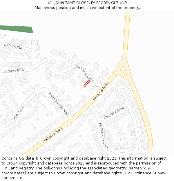 41, JOHN TAME CLOSE, FAIRFORD, GL7 4NP: Location map and indicative extent of plot