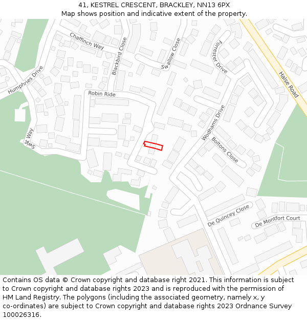 41, KESTREL CRESCENT, BRACKLEY, NN13 6PX: Location map and indicative extent of plot