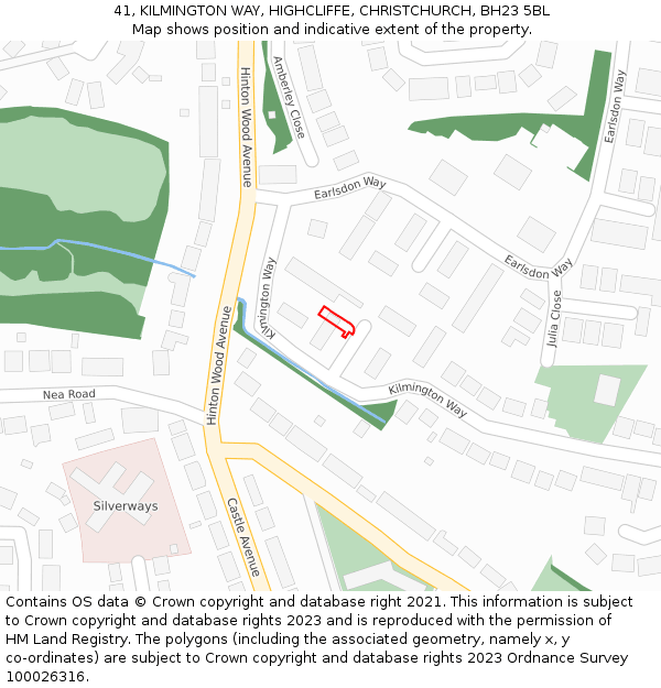 41, KILMINGTON WAY, HIGHCLIFFE, CHRISTCHURCH, BH23 5BL: Location map and indicative extent of plot