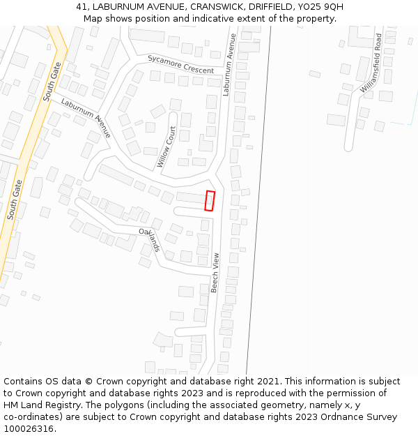 41, LABURNUM AVENUE, CRANSWICK, DRIFFIELD, YO25 9QH: Location map and indicative extent of plot