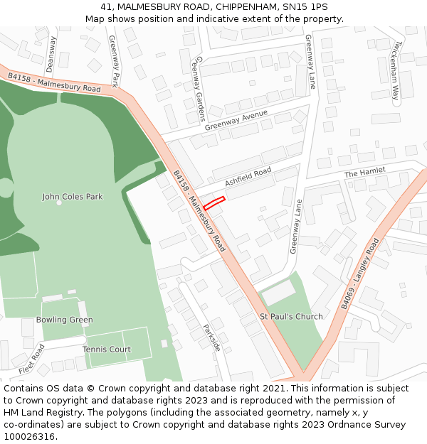 41, MALMESBURY ROAD, CHIPPENHAM, SN15 1PS: Location map and indicative extent of plot