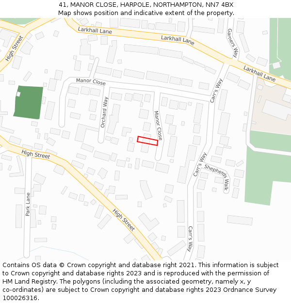 41, MANOR CLOSE, HARPOLE, NORTHAMPTON, NN7 4BX: Location map and indicative extent of plot