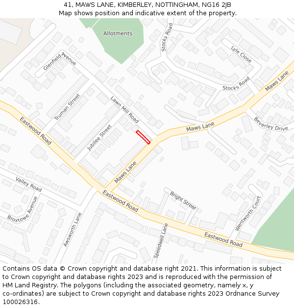 41, MAWS LANE, KIMBERLEY, NOTTINGHAM, NG16 2JB: Location map and indicative extent of plot
