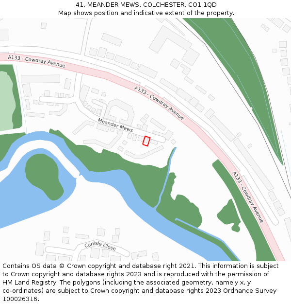 41, MEANDER MEWS, COLCHESTER, CO1 1QD: Location map and indicative extent of plot