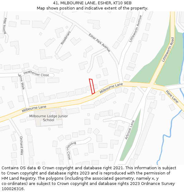41, MILBOURNE LANE, ESHER, KT10 9EB: Location map and indicative extent of plot