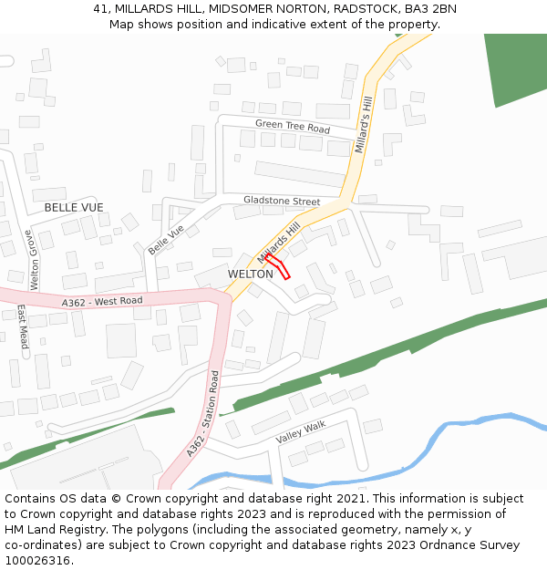 41, MILLARDS HILL, MIDSOMER NORTON, RADSTOCK, BA3 2BN: Location map and indicative extent of plot