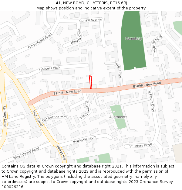 41, NEW ROAD, CHATTERIS, PE16 6BJ: Location map and indicative extent of plot