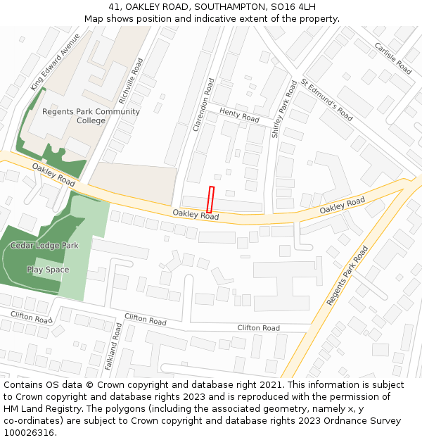 41, OAKLEY ROAD, SOUTHAMPTON, SO16 4LH: Location map and indicative extent of plot