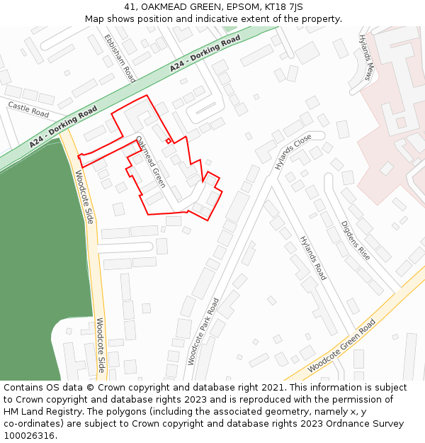 41, OAKMEAD GREEN, EPSOM, KT18 7JS: Location map and indicative extent of plot