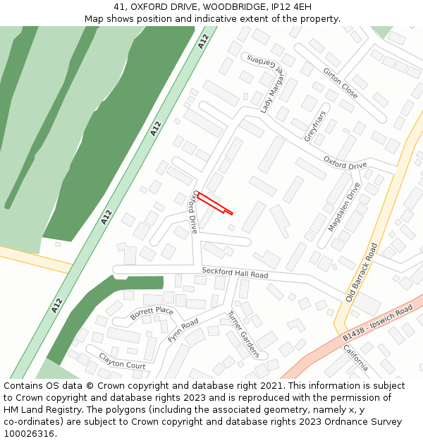 41, OXFORD DRIVE, WOODBRIDGE, IP12 4EH: Location map and indicative extent of plot