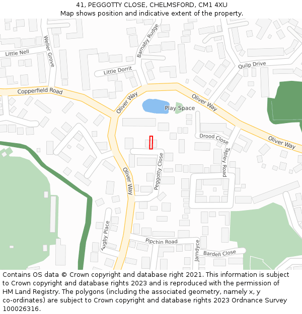 41, PEGGOTTY CLOSE, CHELMSFORD, CM1 4XU: Location map and indicative extent of plot