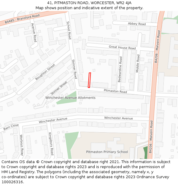 41, PITMASTON ROAD, WORCESTER, WR2 4JA: Location map and indicative extent of plot