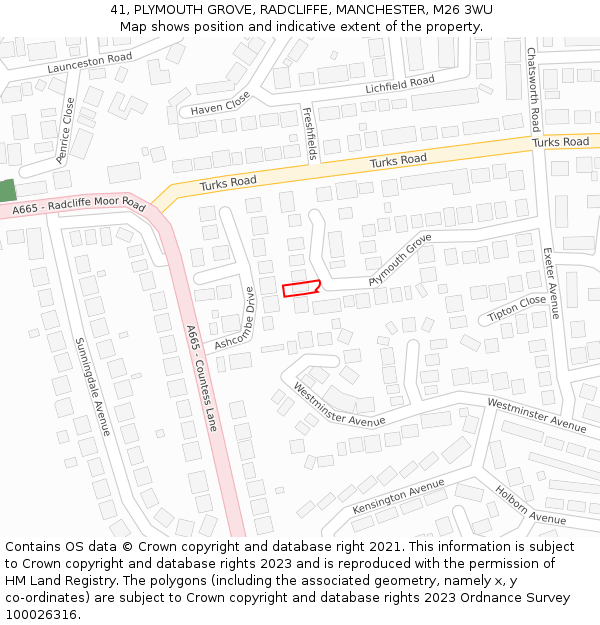 41, PLYMOUTH GROVE, RADCLIFFE, MANCHESTER, M26 3WU: Location map and indicative extent of plot
